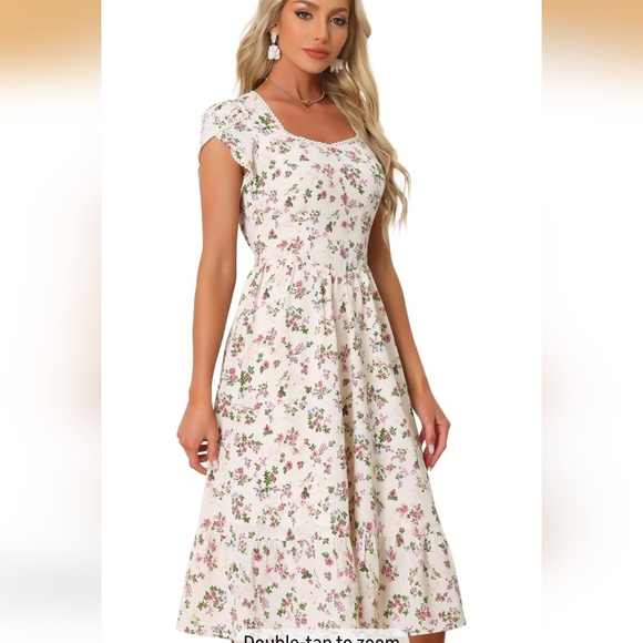 Allegra K Floral Midi Dress in Cream and Pink - Picture 1 of 8